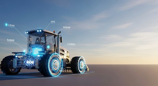 Smart autonomous tractor with advanced GPS, radar, and lidar technology for precision agriculture, innovation