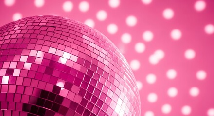 Pink sparkling disco ball with reflective mirror tiles casting bright bokeh light spots on a vibrant party background, symbolizing retro glamour and celebration.