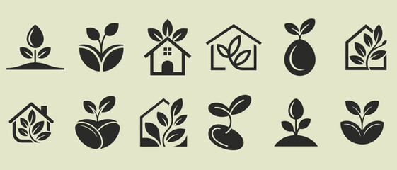 Collection of black and white plant growth icons and symbols representing nature and sustainability