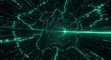 Obraz premium Abstract digital tunnel of glowing green binary code and data streams moving rapidly towards a bright light source in a futuristic cyberspace environment, representing technology and information flow