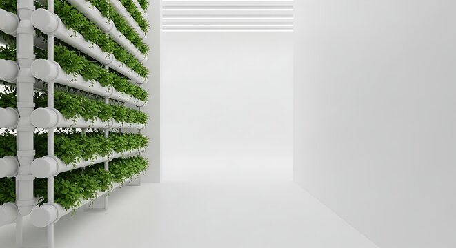 Modern vertical hydroponic garden system growing fresh herbs inside a bright, minimalist space creates a sense of sustainable living and clean eating - Powered by Adobe