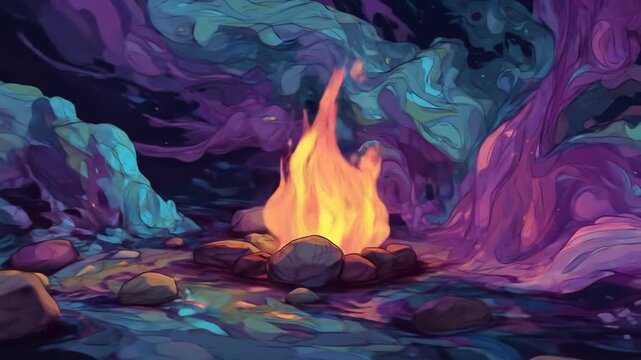 Abstract fire and rocks illustration with vibrant colors and artistic style