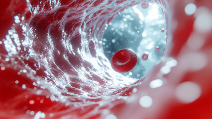 3D microscopic illustration of red blood cells flowing through a blood vessel, showing detailed vascular texture and fluid movement.