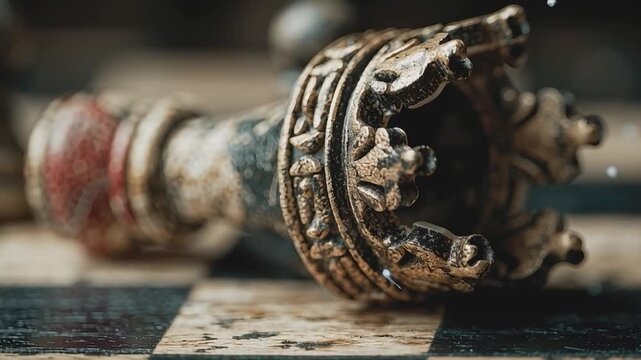 Chess King's Downfall: A dramatic close-up of a fallen king chess piece on a chessboard, symbolizing defeat and the end of strategy.