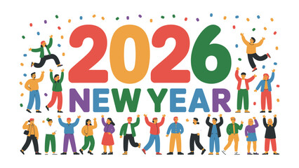 Celebration of the New Year 2026: A vibrant and joyful illustration of people from diverse backgrounds celebrating the arrival of the year 2026, filled with anticipation and festive cheer.