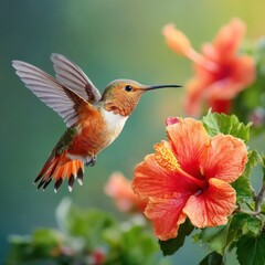 Obraz premium Hummingbird feeding from an orange hibiscus flower