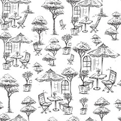 seamless-hand-drawn-pattern-outdoor-street-cafe-bistro-furniture-sketch-umbrellas-chairs-and-potted-plants-black-ink-doodle-texture-background-design
