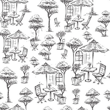 seamless-hand-drawn-pattern-outdoor-street-cafe-bistro-furniture-sketch-umbrellas-chairs-and-potted-plants-black-ink-doodle-texture-background-design