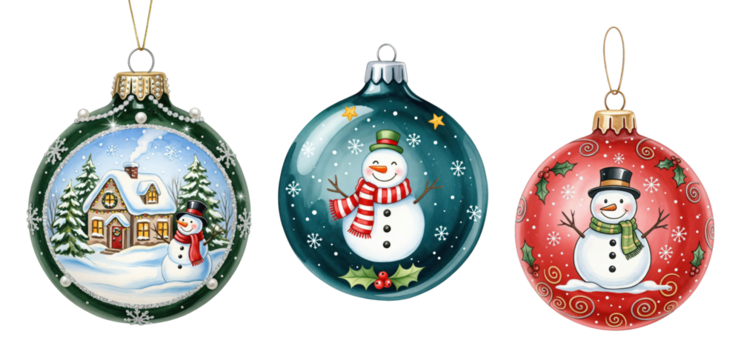 Three festive Christmas ornaments featuring cheerful snowmen and winter scenes, perfect for holiday decorations and seasonal designs.