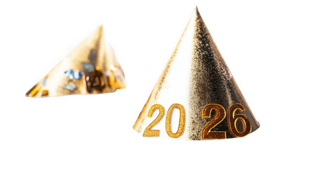 Two party hats one with the year twenty twenty six on it isolated on transparent background