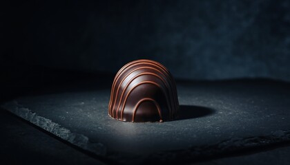 Cinematic dark background with a single piece of chocolate, creating a dramatic and elegant food visual.