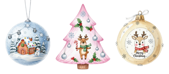 Watercolor Christmas Decorations Set with Festive Ornaments, Pink Tree, Reindeer, Gingerbread House, and Winter Elements