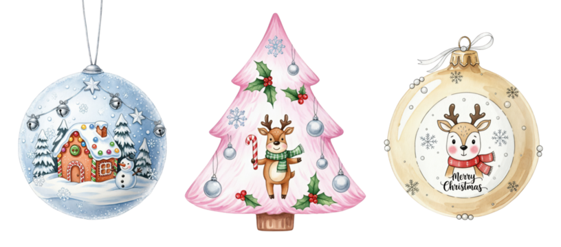 Watercolor Christmas Decorations Set with Festive Ornaments, Pink Tree, Reindeer, Gingerbread House, and Winter Elements