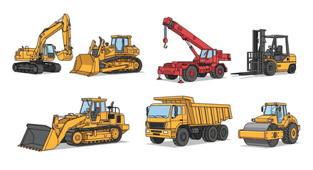 A vector illustration set of heavy construction machinery, including an excavator, bulldozer, crane, forklift, loader, dump truck, and road roller © SIGMASTORE