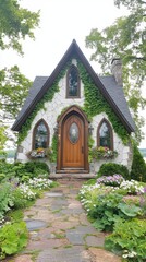 Obraz premium Enchanting Cottage: An inviting, stone cottage, adorned with climbing ivy, welcomes with its arched doorway and charming windows. Lush garden beds and a stone pathway lead to this idyllic retreat.
