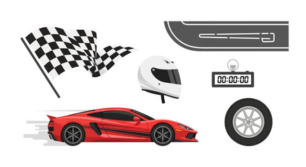 Vector set of essential racing elements a fast red sports car, checkered flag, helmet, track, tire, and timer, capturing the thrill of speed and competition © SIGMASTORE