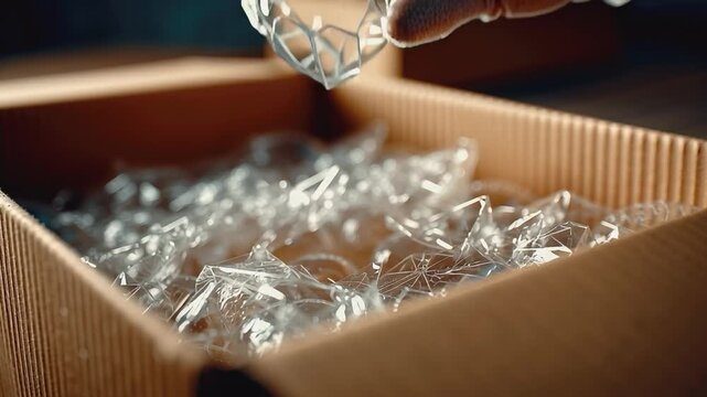 Bubble Wrap Box: A close-up shot reveals a hand carefully placing bubble wrap inside a cardboard box. An abundance of clear plastic bubble wrap cushions the contents.