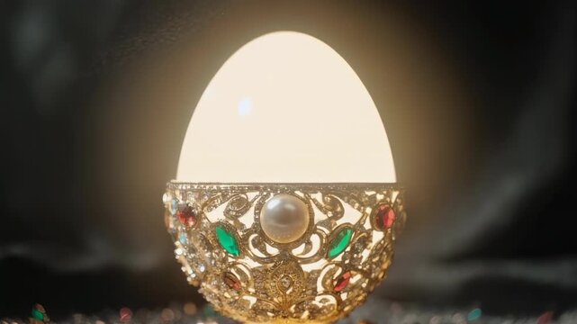 Ornate Golden Egg Opens Revealing Glowing Orb With Gemstone Embellishments Against Dark Fabric Background