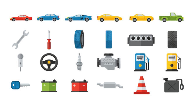 Collection of flat design icons representing automotive parts, car components, and vehicle maintenance tools for digital and print media