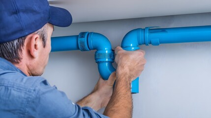 Tradesperson installs bright blue plastic drainage pipes overhead in a confined space
