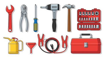 Comprehensive Collection of Essential Hand and Power Tools for Home Improvement, Automotive Maintenance, and DIY Projects, Featuring Wrenches, Pliers, Screwdrivers, and a Toolbox