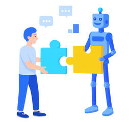 Human and Robot Collaboration Connecting Puzzle Pieces. Man and AI Working Together. Business Teamwork, Partnership, and Problem Solving Concept.