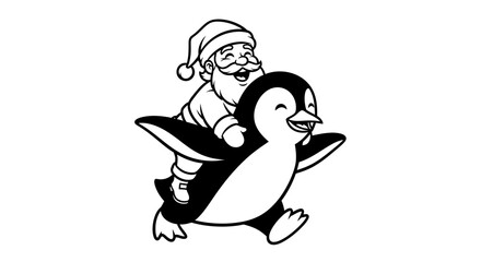 Santa Claus joyfully riding a penguin, a whimsical illustration for the holiday season.