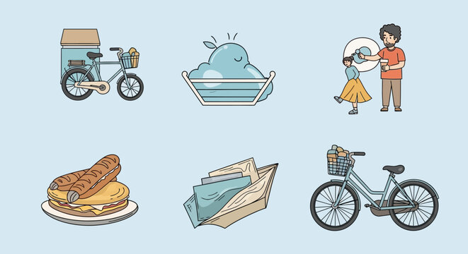 A charming set of vector line art icons depicting simple pleasures of urban life, including bicycle delivery, fresh sandwiches, and coffee sharing