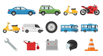 Collection of transport vehicles, car, scooter, motorcycle, van, wheel, bus, wrench, helmet and traffic cone icons