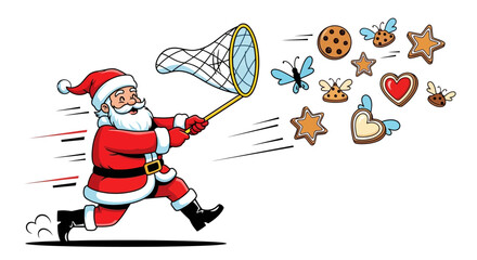 Cartoon Santa Claus running with a butterfly net to catch flying cookies, butterflies, and ladybugs.