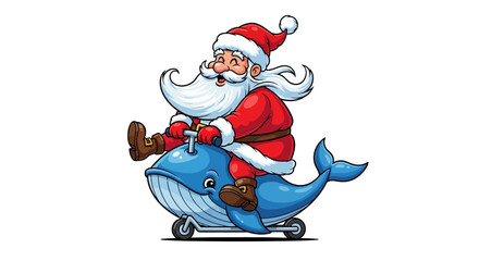 Santa Claus riding a blue whale scooter, cartoon illustration for Christmas.