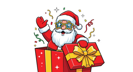 A cheerful cartoon Santa Claus with festive star glasses surprises from a gift box.