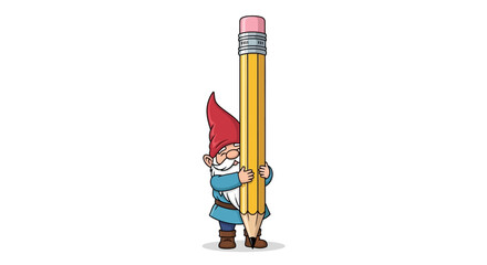 A small cartoon garden gnome with a red hat and white beard holding a giant yellow pencil against a white background.