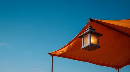 A vintage lantern glows under a vibrant orange canopy against a clear bright blue sky