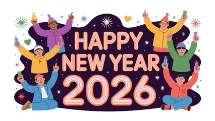New Year's Celebration: A festive illustration of diverse individuals joyfully celebrating the new year. Capturing the spirit of hope and anticipation for the future.