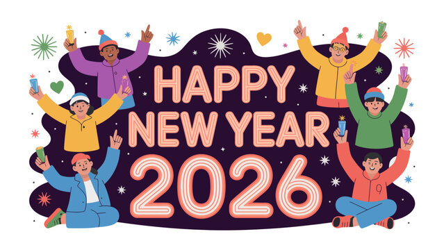 New Year's Celebration: A festive illustration of diverse individuals joyfully celebrating the new year. Capturing the spirit of hope and anticipation for the future.
