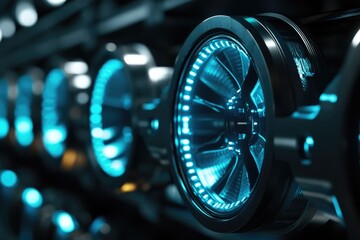 Fototapeta premium Intricate, glowing blue circular mechanisms resembling turbines or cooling fans, part of an advanced technological system with sleek, futuristic design.