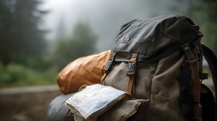 Close up of a backpack with a map set against a foggy forest background suggesting adventure