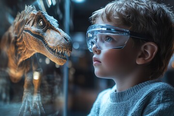 A curious boy in safety goggles marvels at a realistic dinosaur exhibit, showcasing wonder and educational engagement in a museum or tech display.
