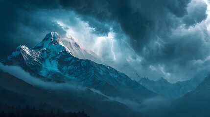 Dramatic lightning strikes illuminate towering snow covered mountain range beneath turbulent storm clouds