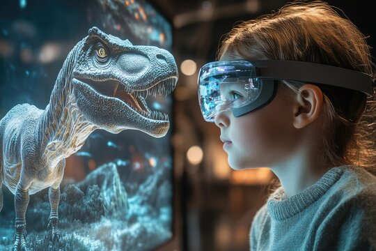 A child wearing a futuristic VR headset explores an immersive virtual world, encountering a magnificent dinosaur. Blending technology with imagination. - Powered by Adobe