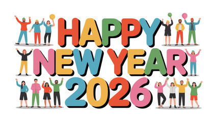 Celebration of New Beginnings: A vibrant and diverse gathering of individuals joyfully celebrate the arrival of the New Year 2026. This festive illustration encapsulates the spirit of unity and hope.