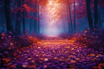 A magical forest path glowing with vibrant purple and orange autumn leaves, leading towards a mysterious, ethereal light in the misty distance.