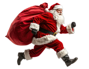 Santa Claus in a red suit running with a large red sack of gifts against a black background.