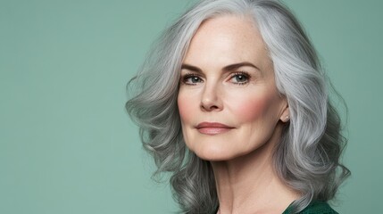 Naklejka premium Graceful Beauty Portrait: A stunning older woman, her silver hair frames a serene face, exuding timeless beauty and confidence. The image captures the essence of refined maturity and inner peace.