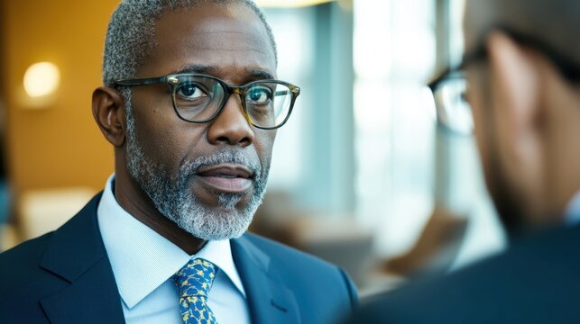 Strategic Dialogue: A seasoned businessman engages in a focused and intense conversation with a colleague, the image captures a moment of deep concentration, professional demeanor.