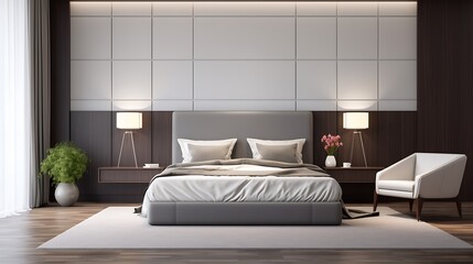 Elegant bedroom showcases modern design with soft lighting and neutral tones, perfect for relaxation and peaceful sleep in a luxurious setting