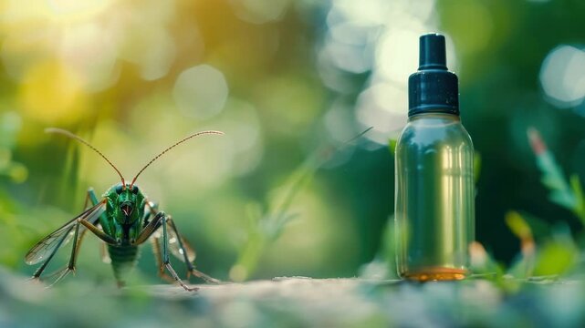 Large green insect near spray bottle outdoors