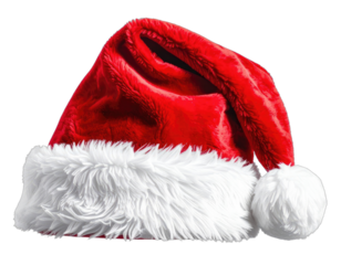 A classic red Santa hat with white trim and a pom-pom rests on a black background.