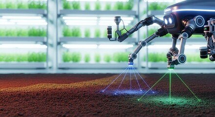 Futuristic robot tending to vibrant vertical farm crops with advanced technology and precision farming techniques, promising sustainable agriculture and innovation.